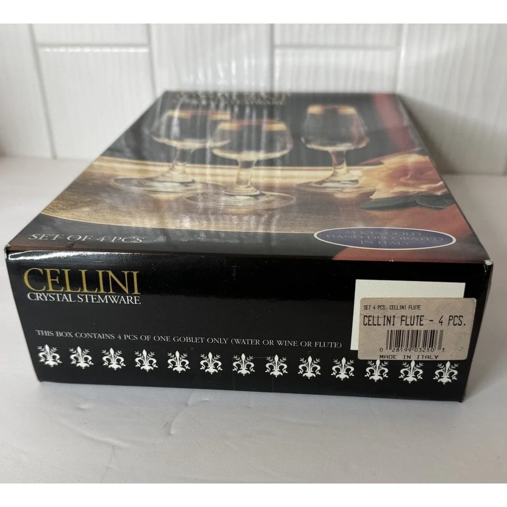 VTG Cellini Italian Crystal Champagne Flutes Wine Glass Gold Rim Set 4 Org Box